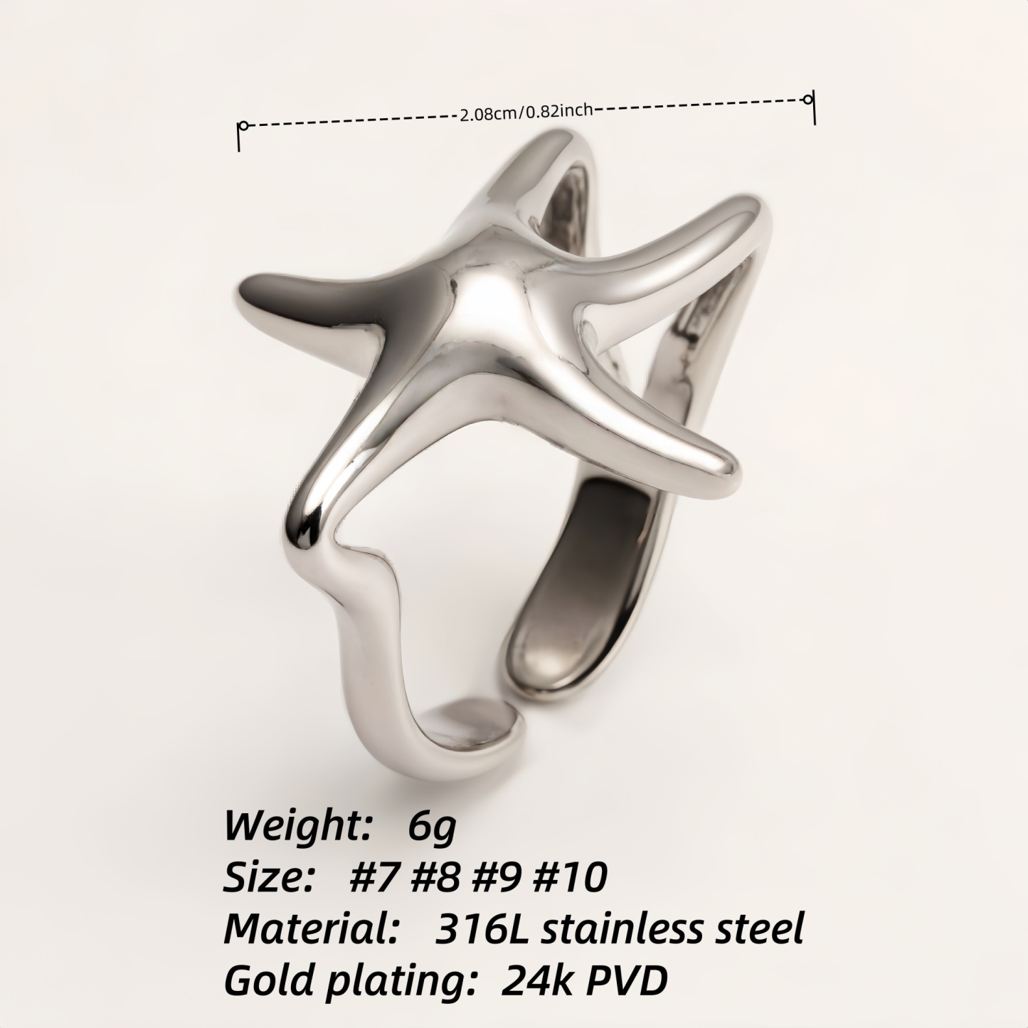 Metal Starfish Open Ring - Stylish Ocean - Inspired Jewelry | G004131-JinBaoJewerly