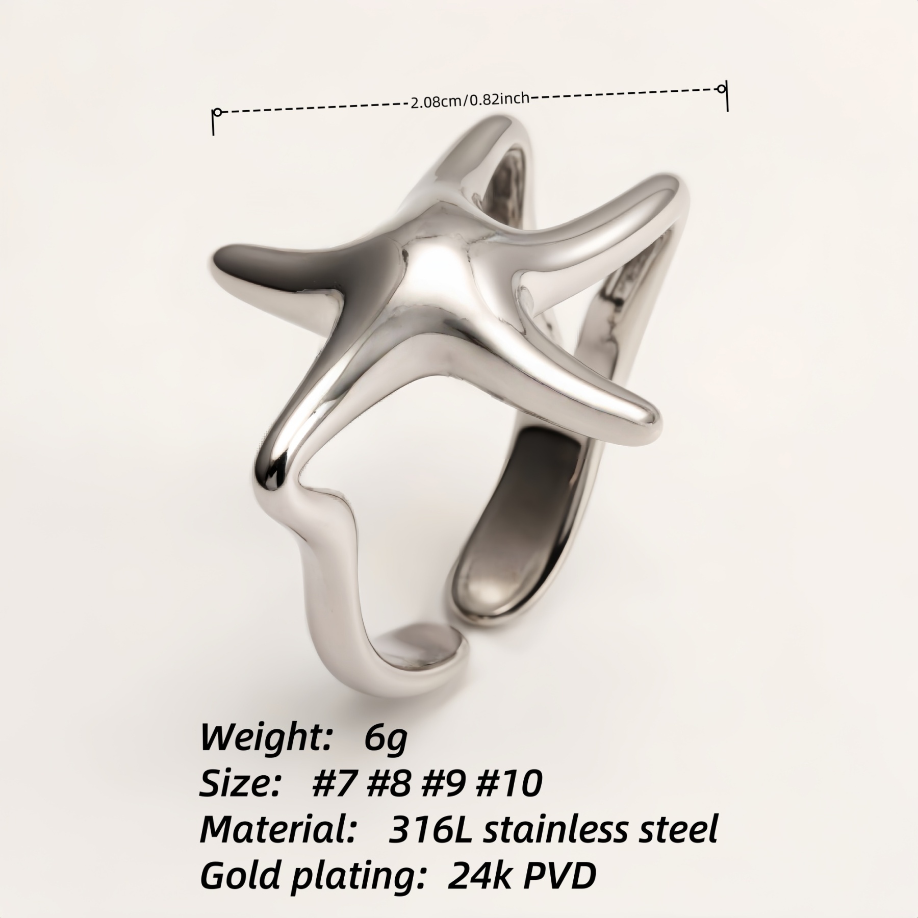Metal Starfish Open Ring - Stylish Ocean - Inspired Jewelry | G004131-JinBaoJewerly