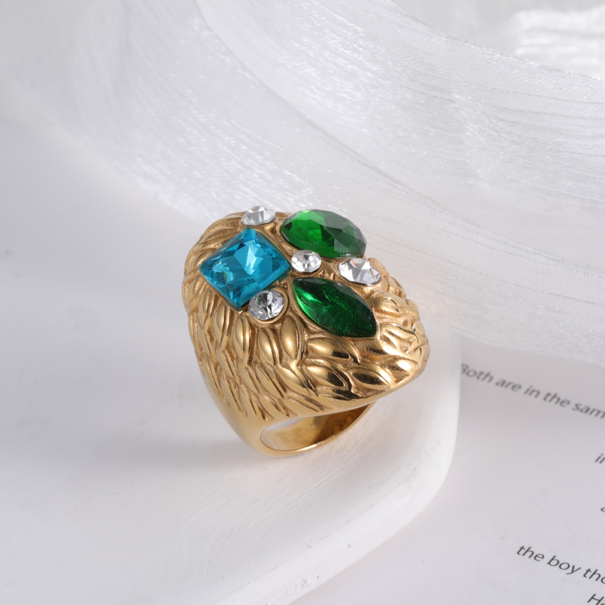 24K Gold Plated Stainless Steel Rings with Artificial Gemstones & Pearls-JinBaoJewerly