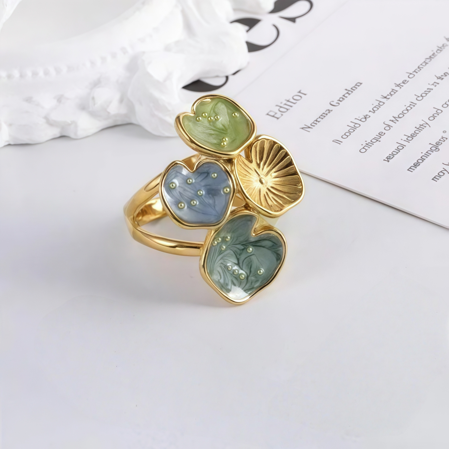 Bold Stainless Steel Ring with Green and Blue Floral Design for Women | G004481-JinBaoJewerly