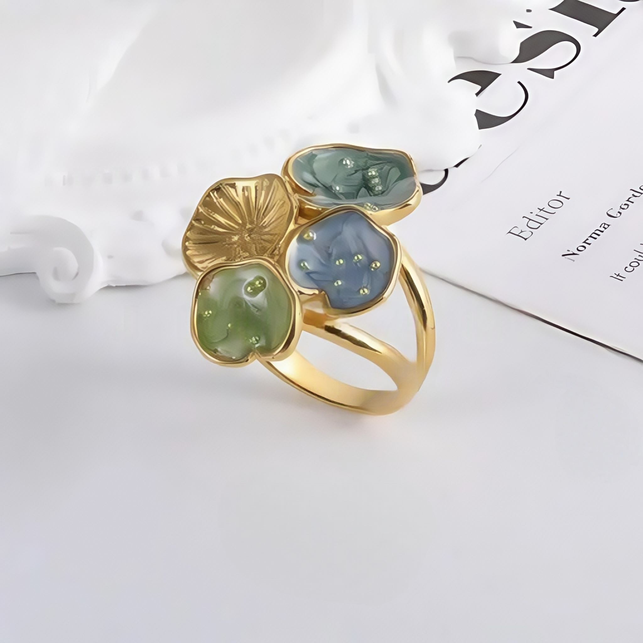 Bold Stainless Steel Ring with Green and Blue Floral Design for Women | G004481-JinBaoJewerly