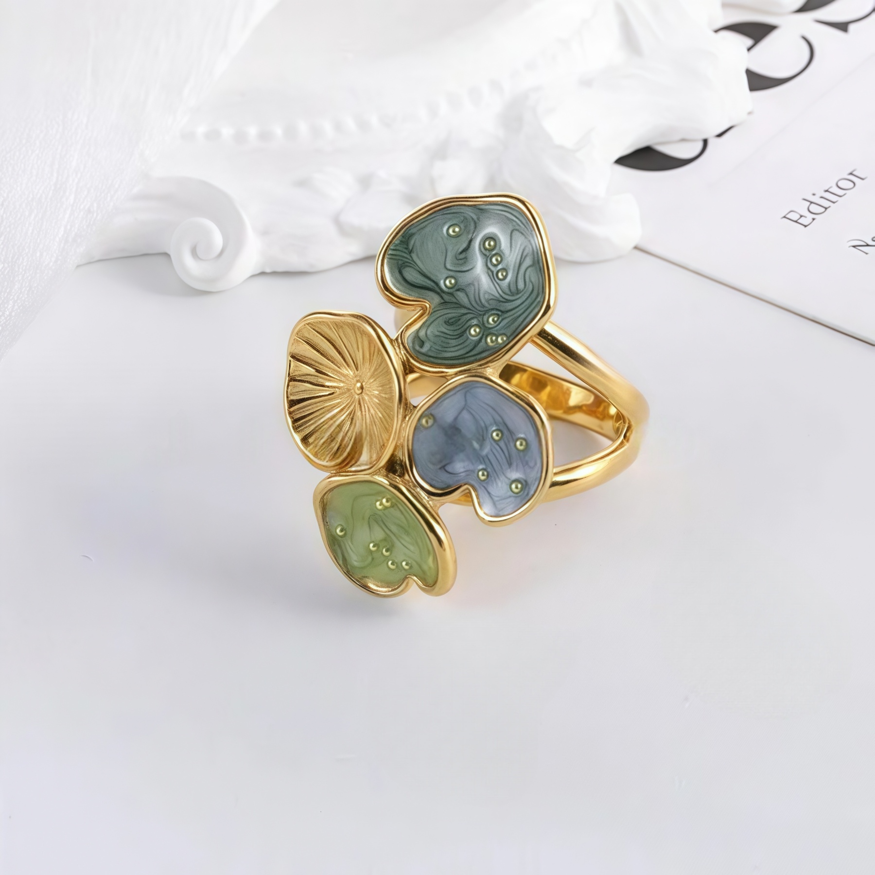 Bold Stainless Steel Ring with Green and Blue Floral Design for Women | G004481-JinBaoJewerly
