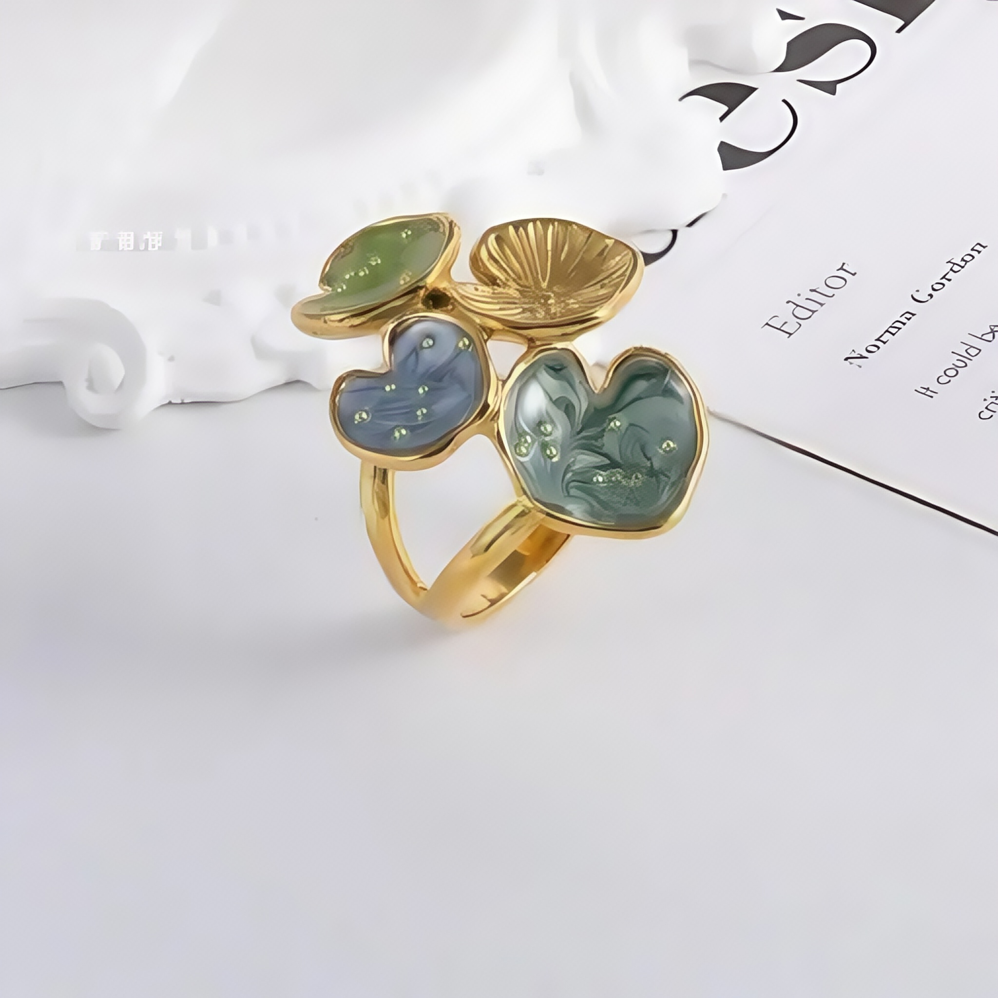 Bold Stainless Steel Ring with Green and Blue Floral Design for Women | G004481-JinBaoJewerly