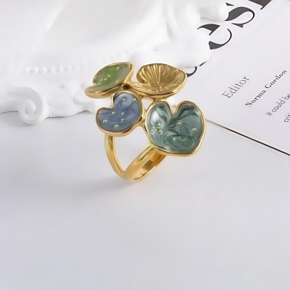 Bold Stainless Steel Ring with Green and Blue Floral Design for Women | G004481-JinBaoJewerly