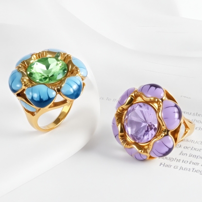 Colorful Gemstone Flower Design Stainless Steel Ring Retro Chic Women Ring | G004497-JinBaoJewerly