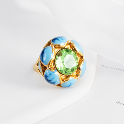 Colorful Gemstone Flower Design Stainless Steel Ring Retro Chic Women Ring | G004497-JinBaoJewerly