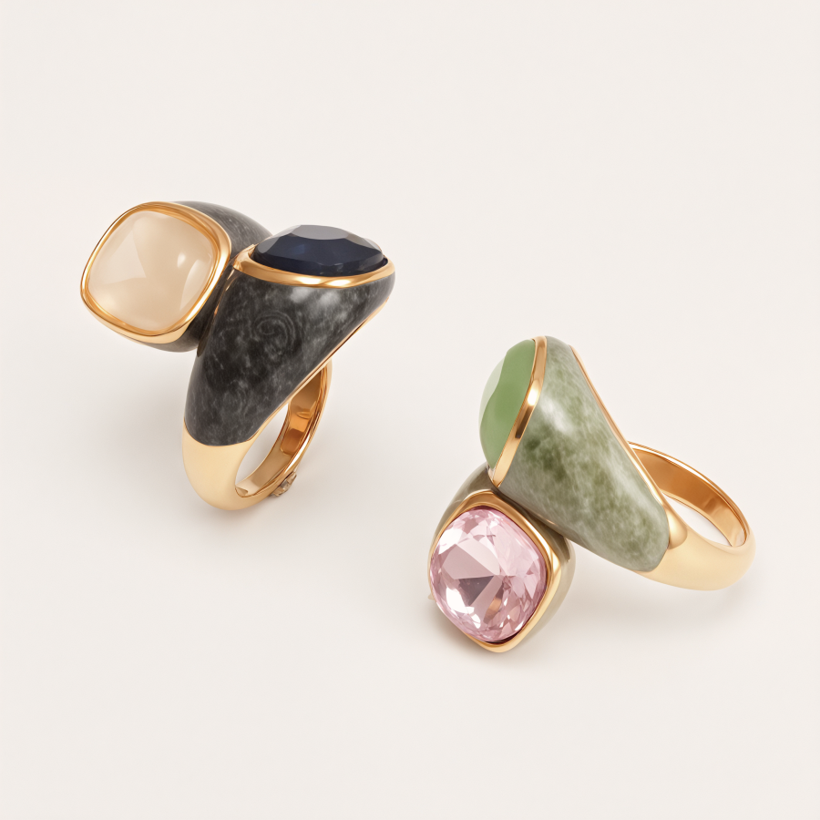 Stainless Steel Color-blocking Ring with Colorful Gems, Geometric Design, Adjustable, Trendy Jewelry for Women | G004500