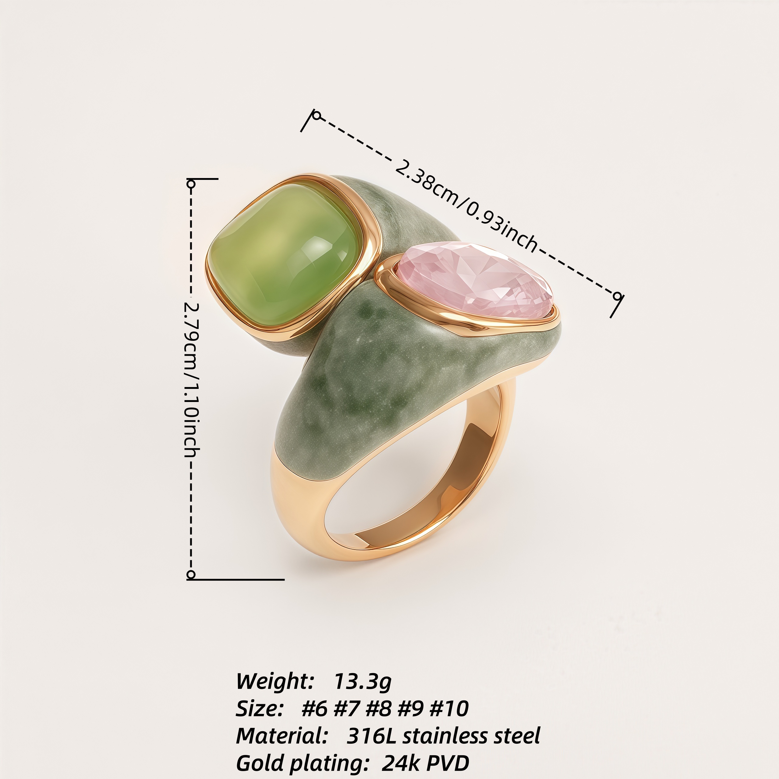 Stainless Steel Color-blocking Ring with Colorful Gems, Geometric Design, Adjustable, Trendy Jewelry for Women | G004500-JinBaoJewerly