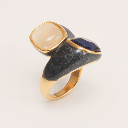 Stainless Steel Color-blocking Ring with Colorful Gems, Geometric Design, Adjustable, Trendy Jewelry for Women | G004500-JinBaoJewerly