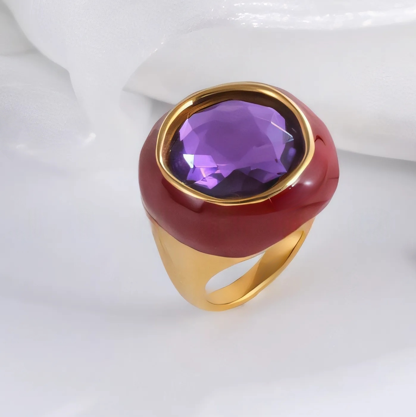 Vintage Stainless Steel Gemstone Ring Colorful Resin Oval Women Ring | G004606-JinBaoJewerly