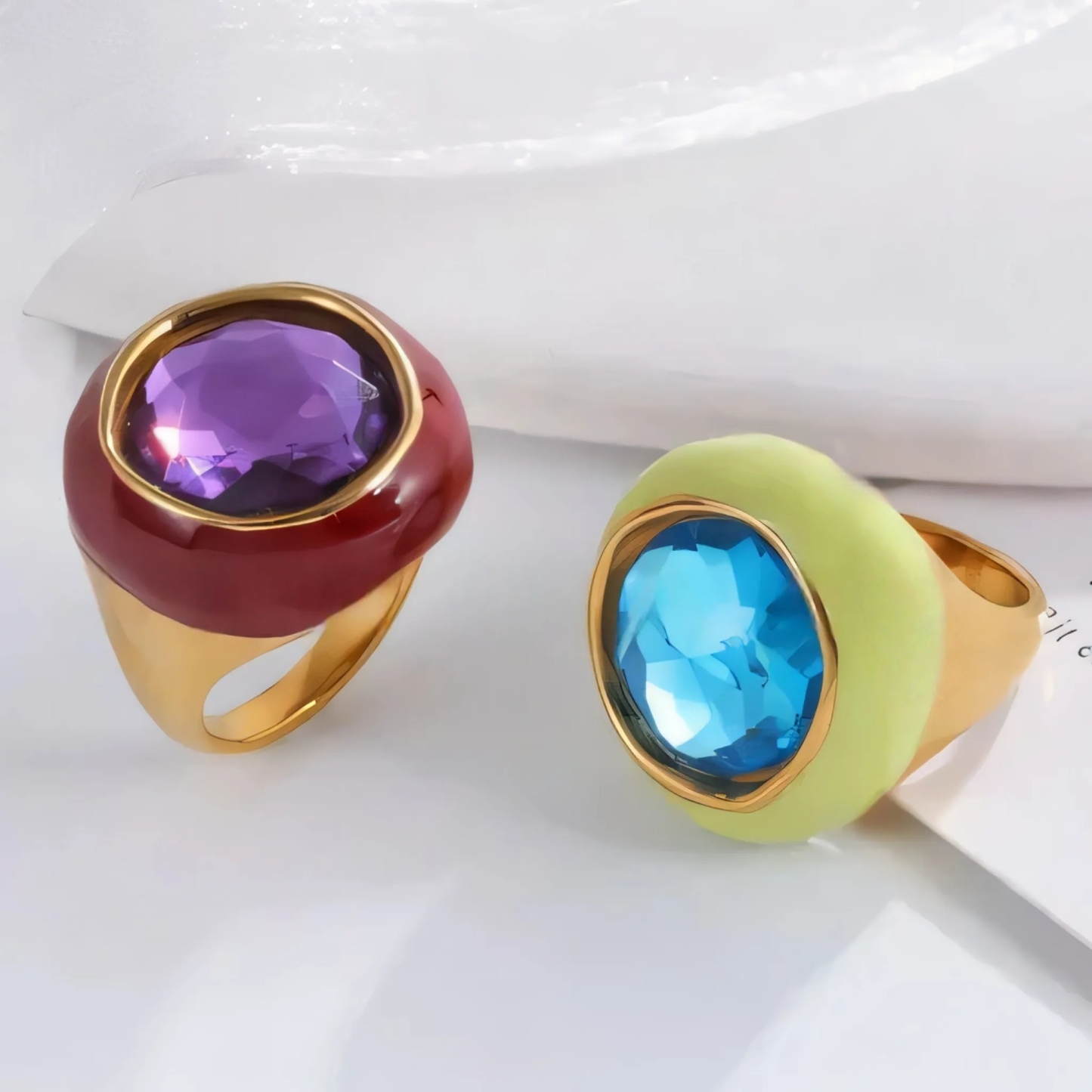 Vintage Stainless Steel Gemstone Ring Colorful Resin Oval Women Ring | G004606-JinBaoJewerly