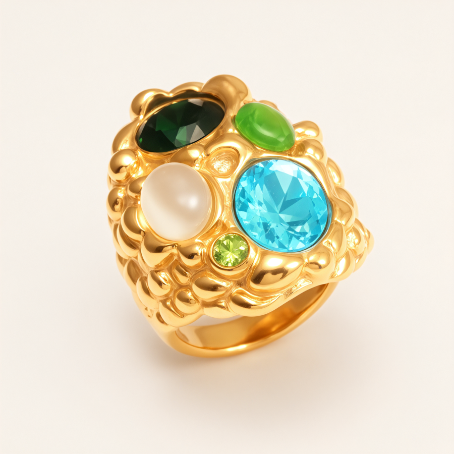 Elegant Women's Gold - colored Stainless Steel Ring Inlaid with Multiple Gemstones | G004508