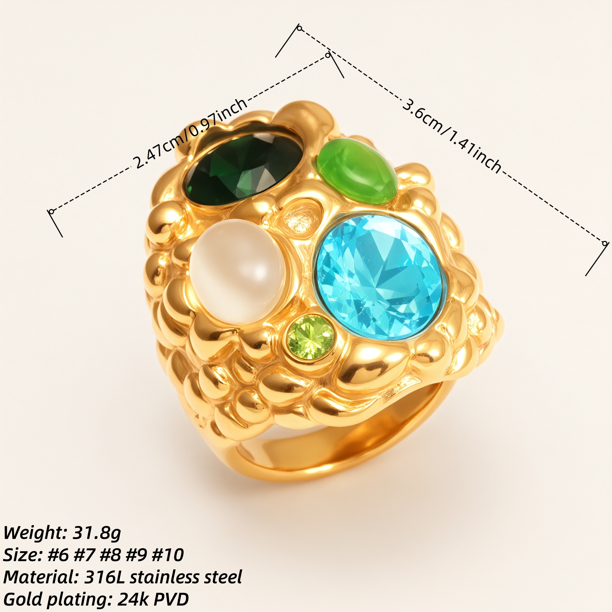 Elegant Women's Gold - colored Stainless Steel Ring Inlaid with Multiple Gemstones | G004508-JinBaoJewerly