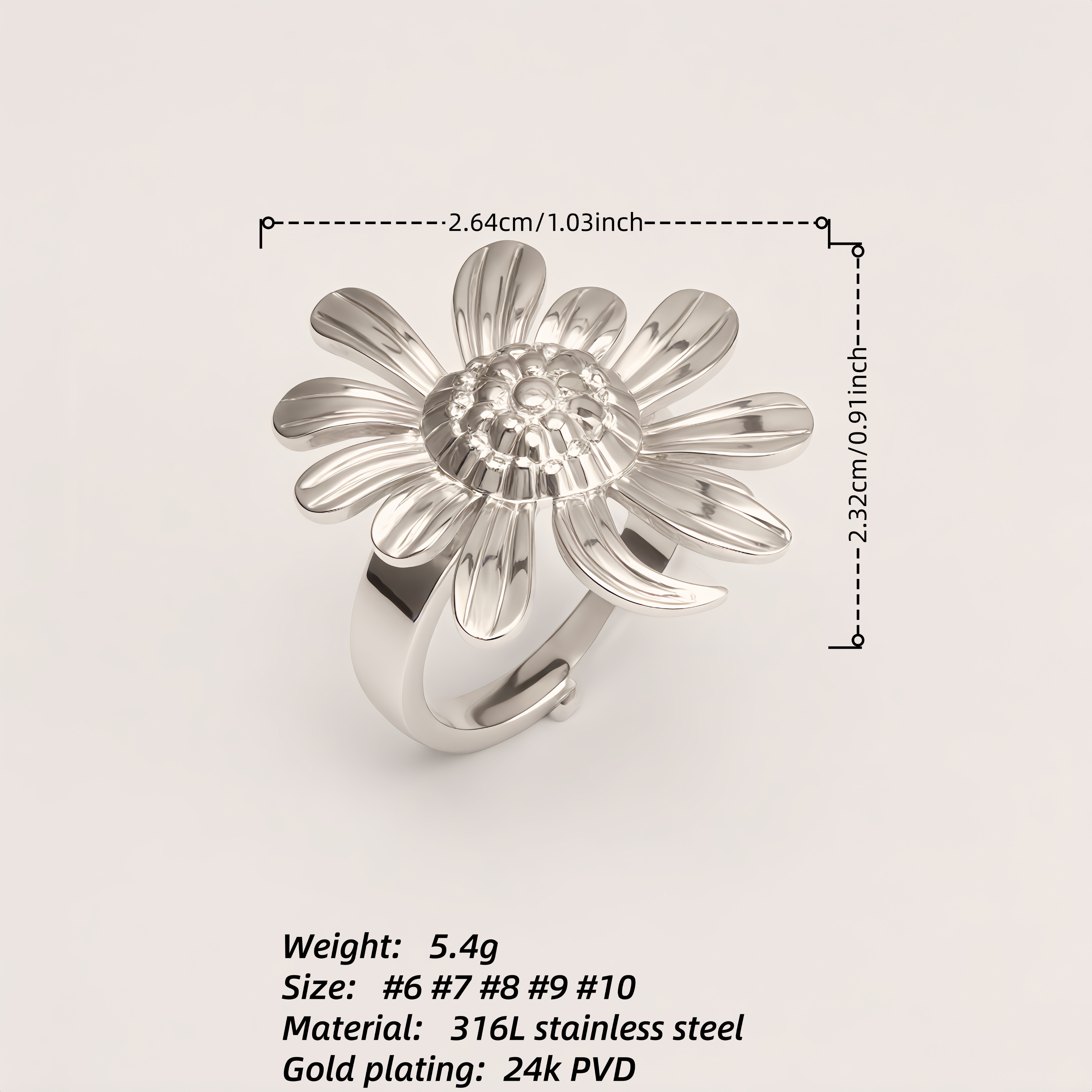 Stainless Steel Daisy Ring, Adjustable Opening, Niche Design, Fashionable Jewelry for Women | G005536-JinBaoJewerly