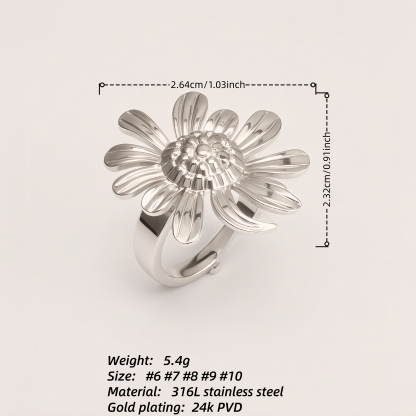 Stainless Steel Daisy Ring, Adjustable Opening, Niche Design, Fashionable Jewelry for Women | G005536-JinBaoJewerly