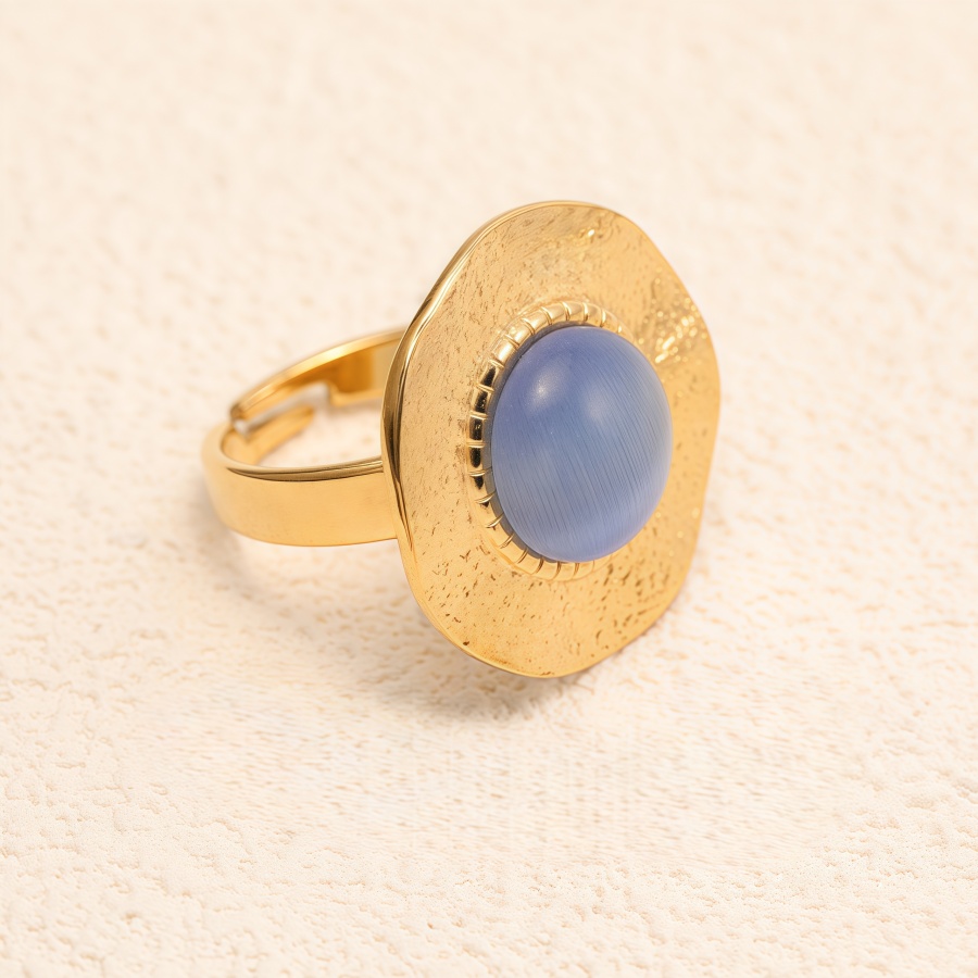 Gold Stainless Steel Women's Round Blue Cabochon Statement Ring with Textured Face | G006422