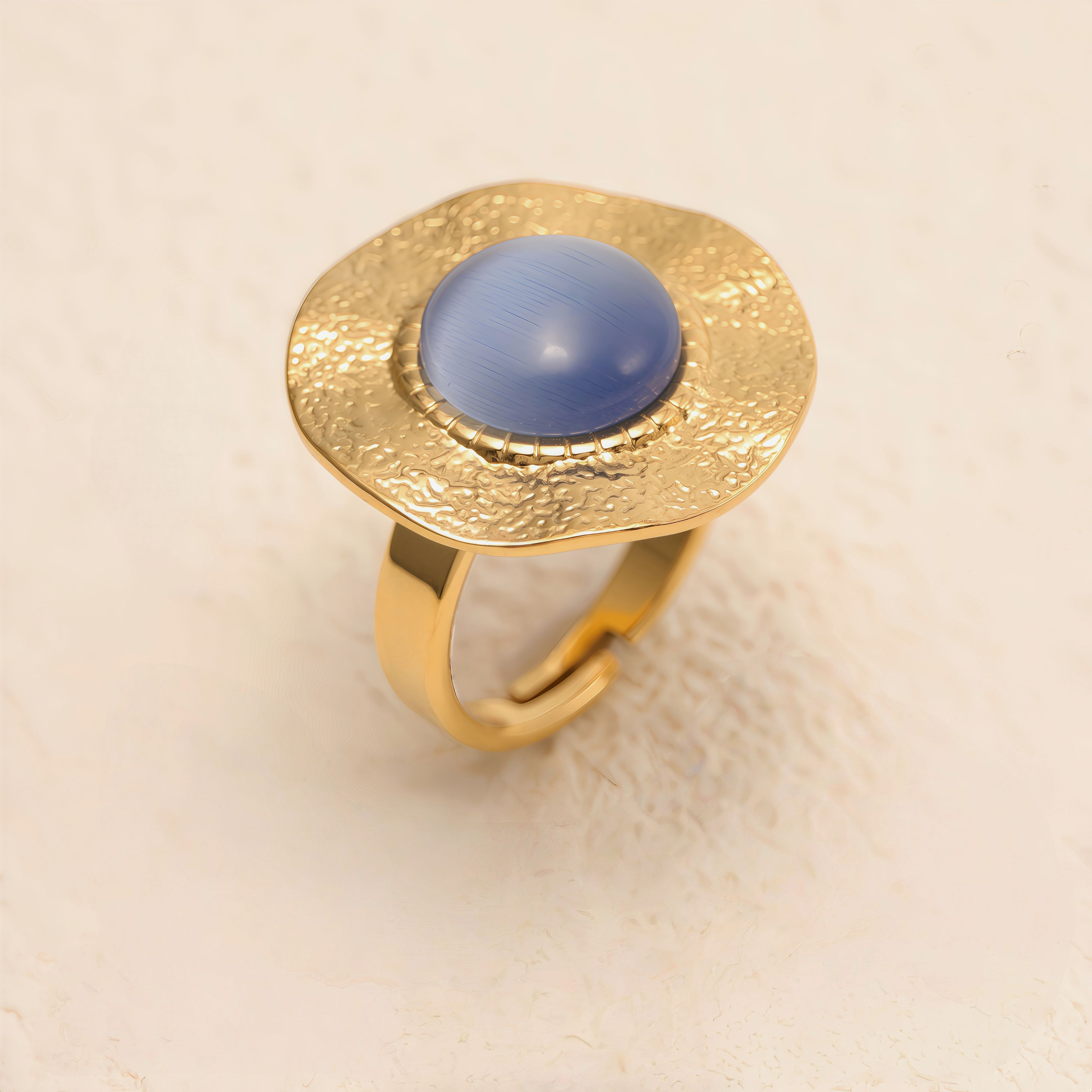 Gold - Plated Open Ring with Blue Cat's - Eye Stone, Stylish Women's Jewelry | G006422-JinBaoJewerly