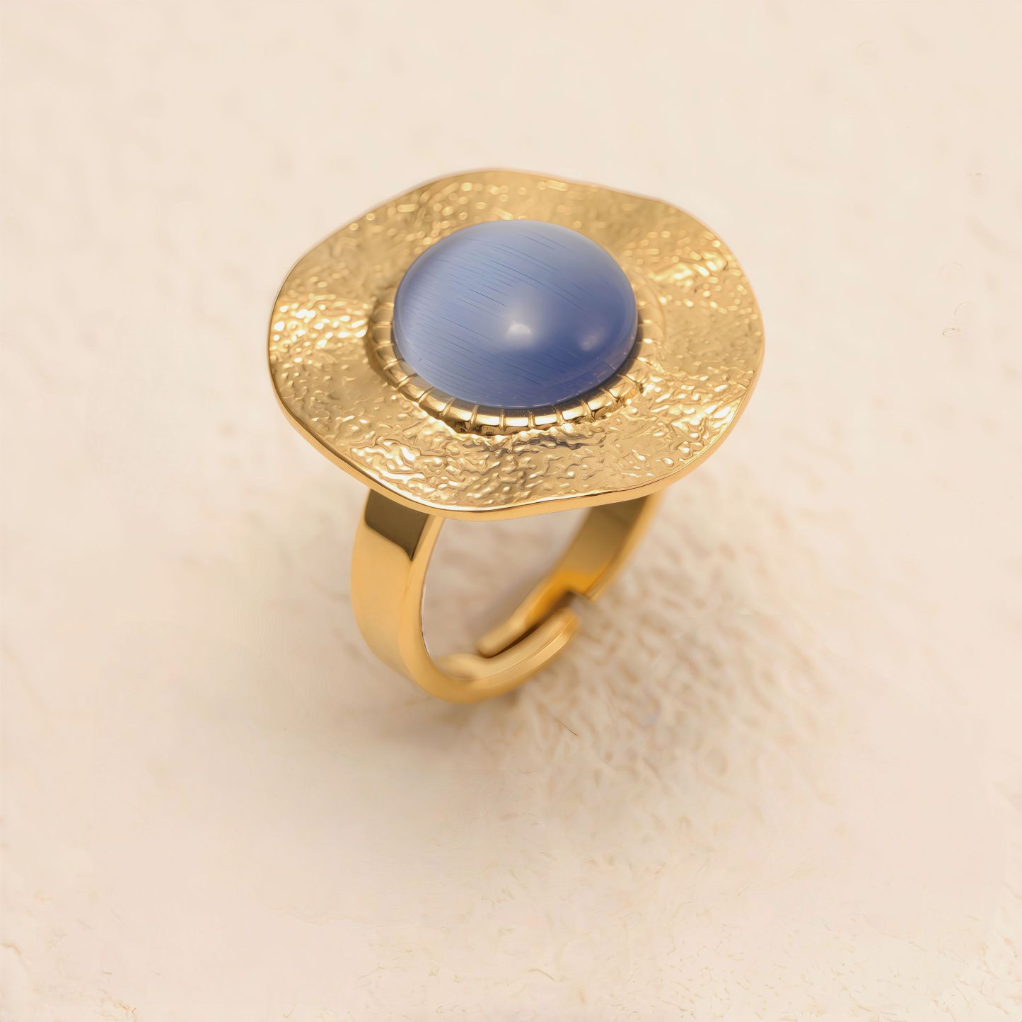 Gold - Plated Open Ring with Blue Cat's - Eye Stone, Stylish Women's Jewelry | G006422-JinBaoJewerly