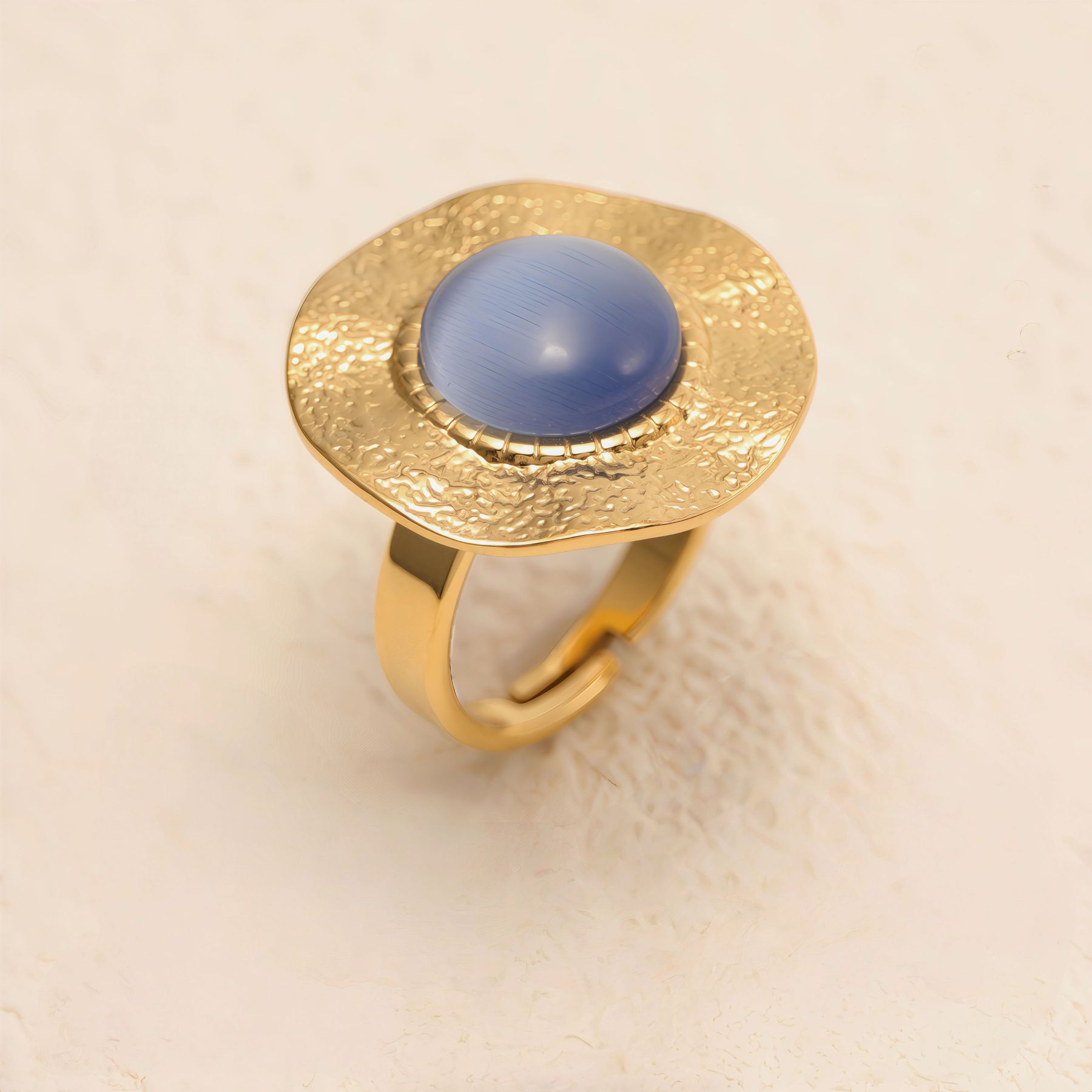 Gold - Plated Open Ring with Blue Cat's - Eye Stone, Stylish Women's Jewelry | G006422-JinBaoJewerly