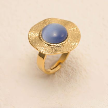 Gold - Plated Open Ring with Blue Cat's - Eye Stone, Stylish Women's Jewelry | G006422-JinBaoJewerly
