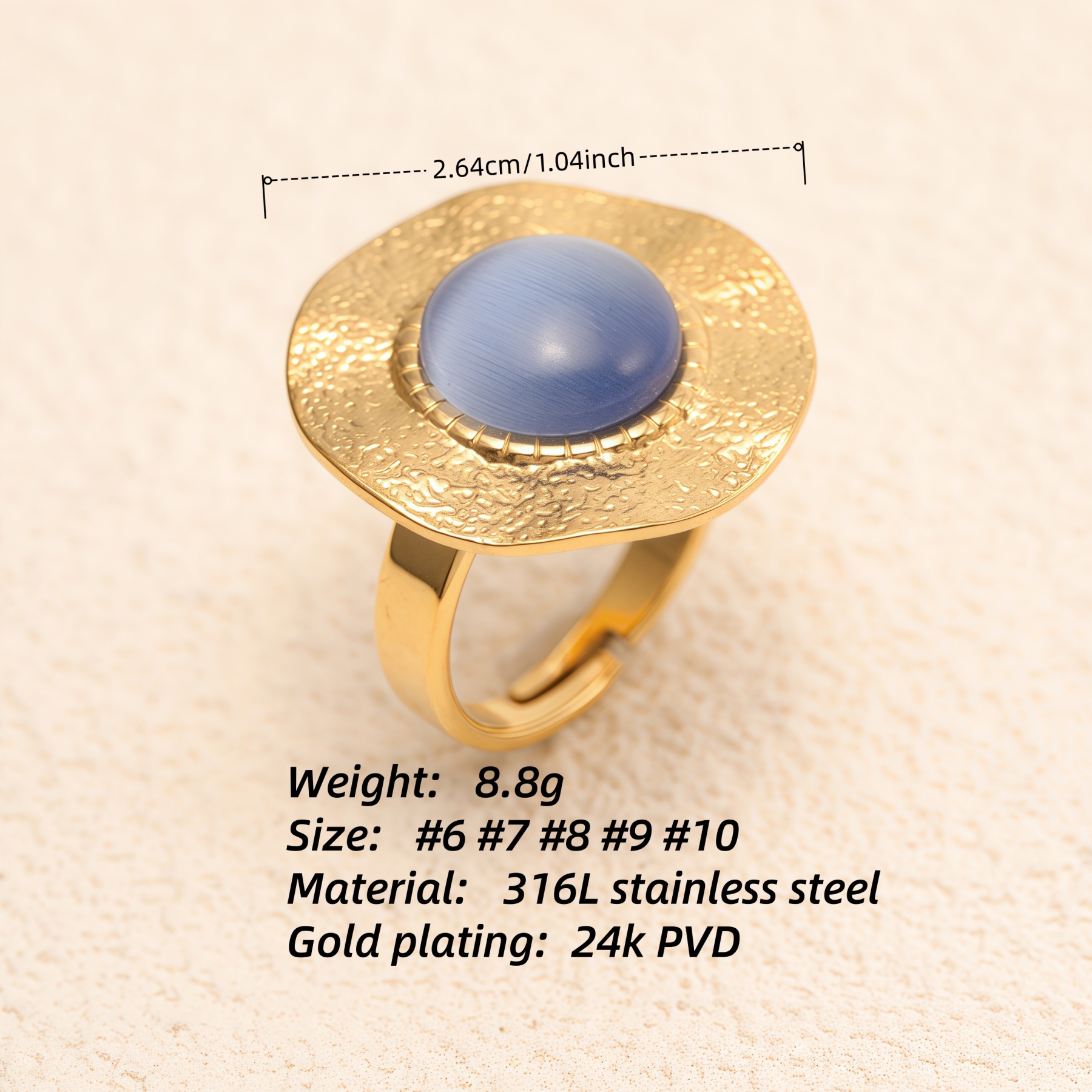 Gold - Plated Open Ring with Blue Cat's - Eye Stone, Stylish Women's Jewelry | G006422-JinBaoJewerly
