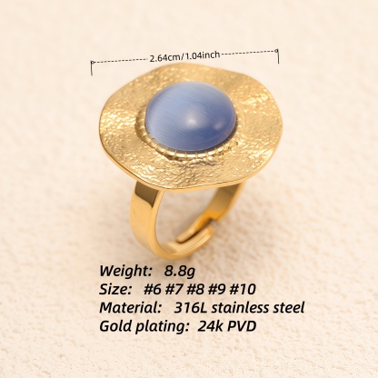 Gold - Plated Open Ring with Blue Cat's - Eye Stone, Stylish Women's Jewelry | G006422-JinBaoJewerly