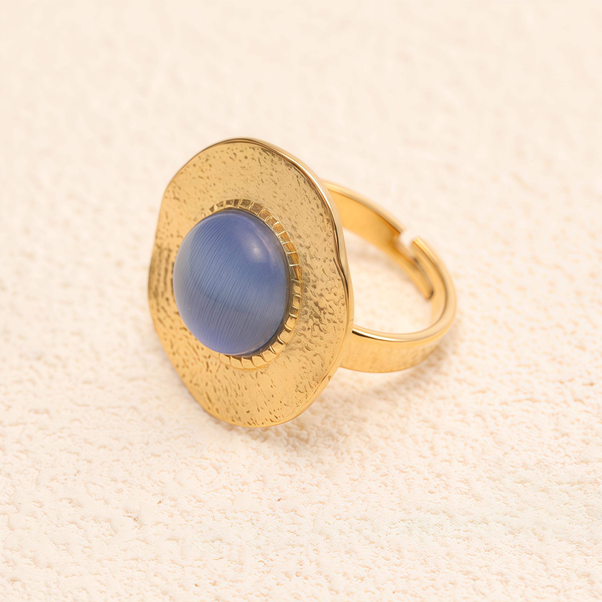 Gold - Plated Open Ring with Blue Cat's - Eye Stone, Stylish Women's Jewelry | G006422-JinBaoJewerly