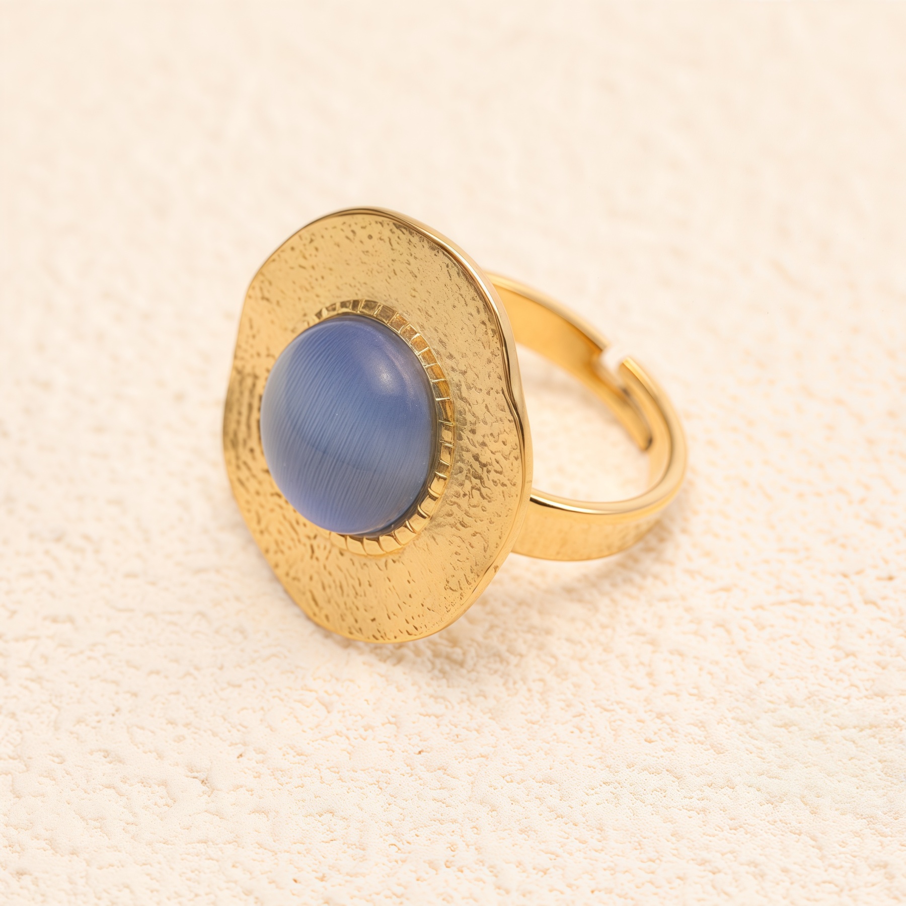 Gold - Plated Open Ring with Blue Cat's - Eye Stone, Stylish Women's Jewelry | G006422-JinBaoJewerly