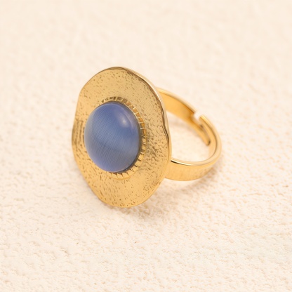 Gold - Plated Open Ring with Blue Cat's - Eye Stone, Stylish Women's Jewelry | G006422-JinBaoJewerly