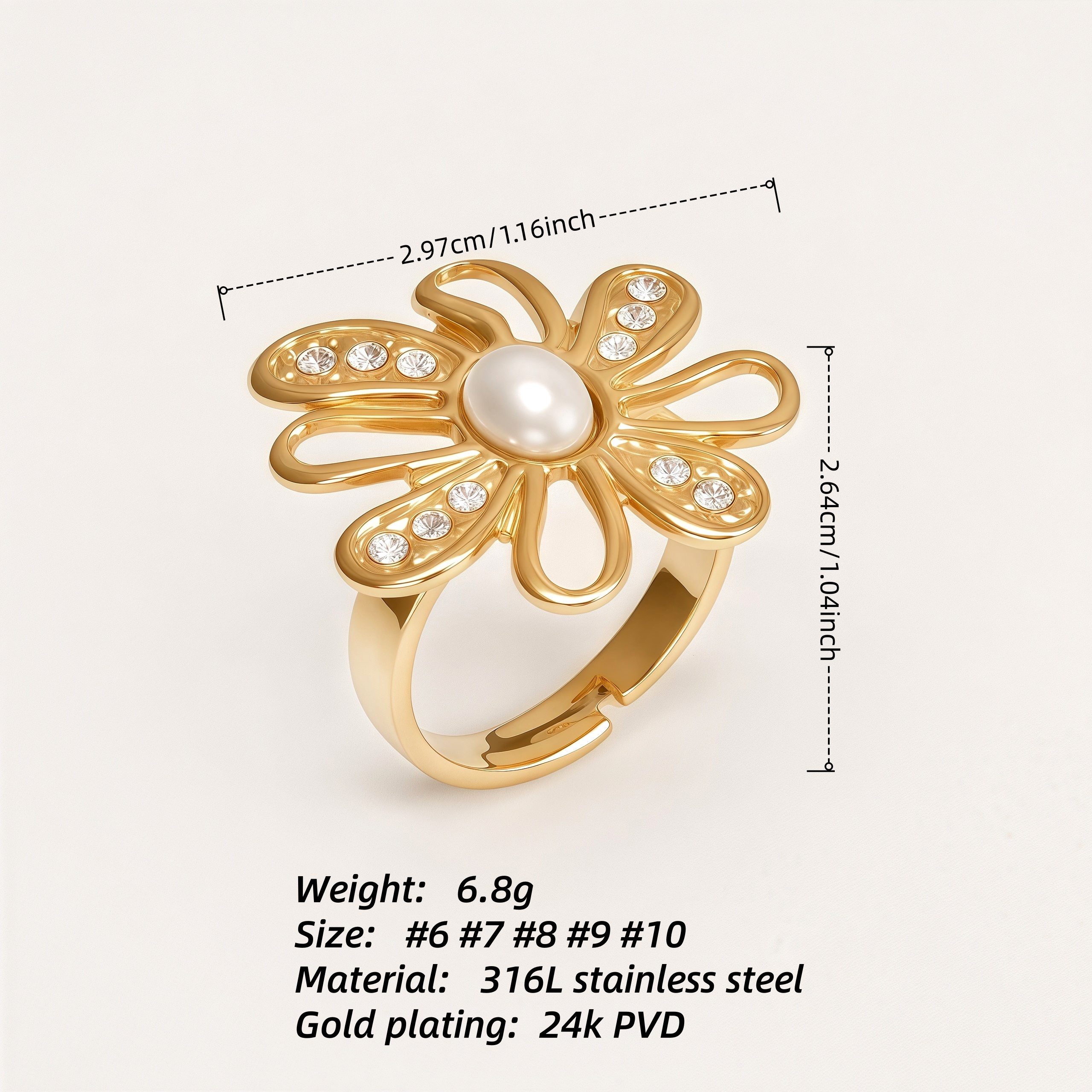 Stainless Steel Pearl Daisy Ring, Adjustable, Luxurious Shining, Elegant Jewelry for Women | G006428J-JinBaoJewerly