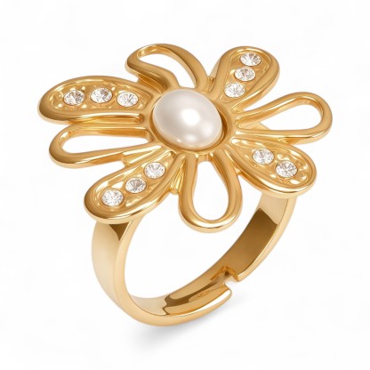 Stainless Steel Pearl Daisy Ring, Adjustable, Luxurious Shining, Elegant Jewelry for Women | G006428J-JinBaoJewerly