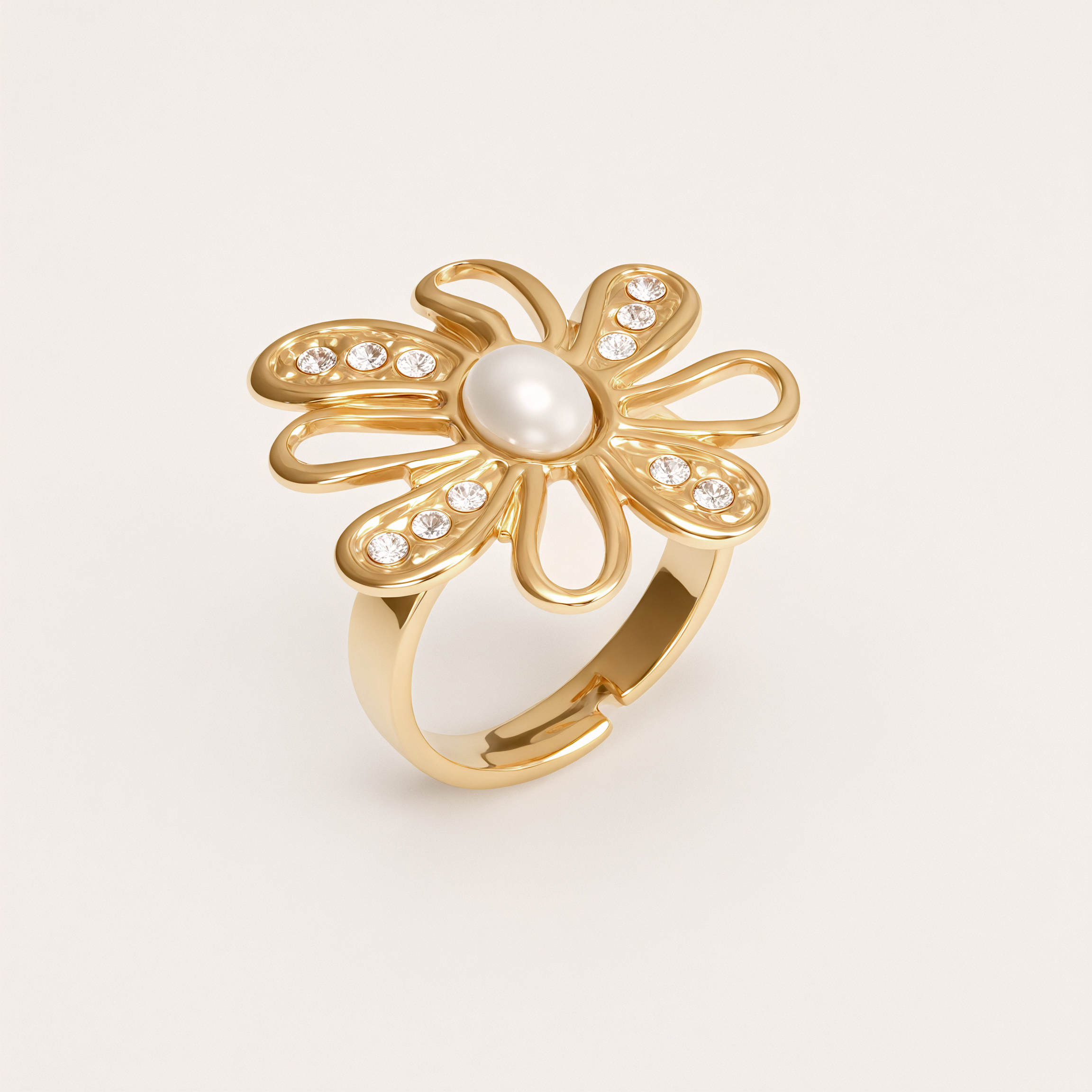Stainless Steel Pearl Daisy Ring, Adjustable, Luxurious Shining, Elegant Jewelry for Women | G006428J-JinBaoJewerly
