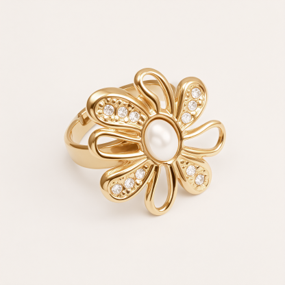 Stainless Steel Pearl Daisy Ring, Adjustable, Luxurious Shining, Elegant Jewelry for Women | G006428J-JinBaoJewerly