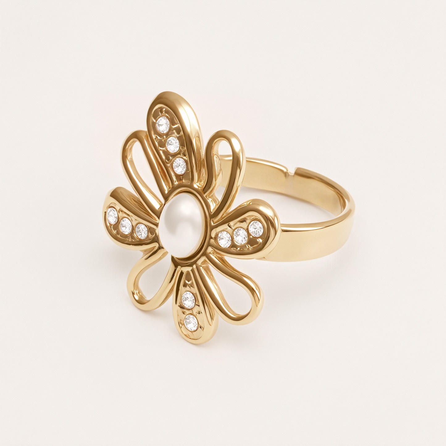 Stainless Steel Pearl Daisy Ring, Adjustable, Luxurious Shining, Elegant Jewelry for Women | G006428J-JinBaoJewerly