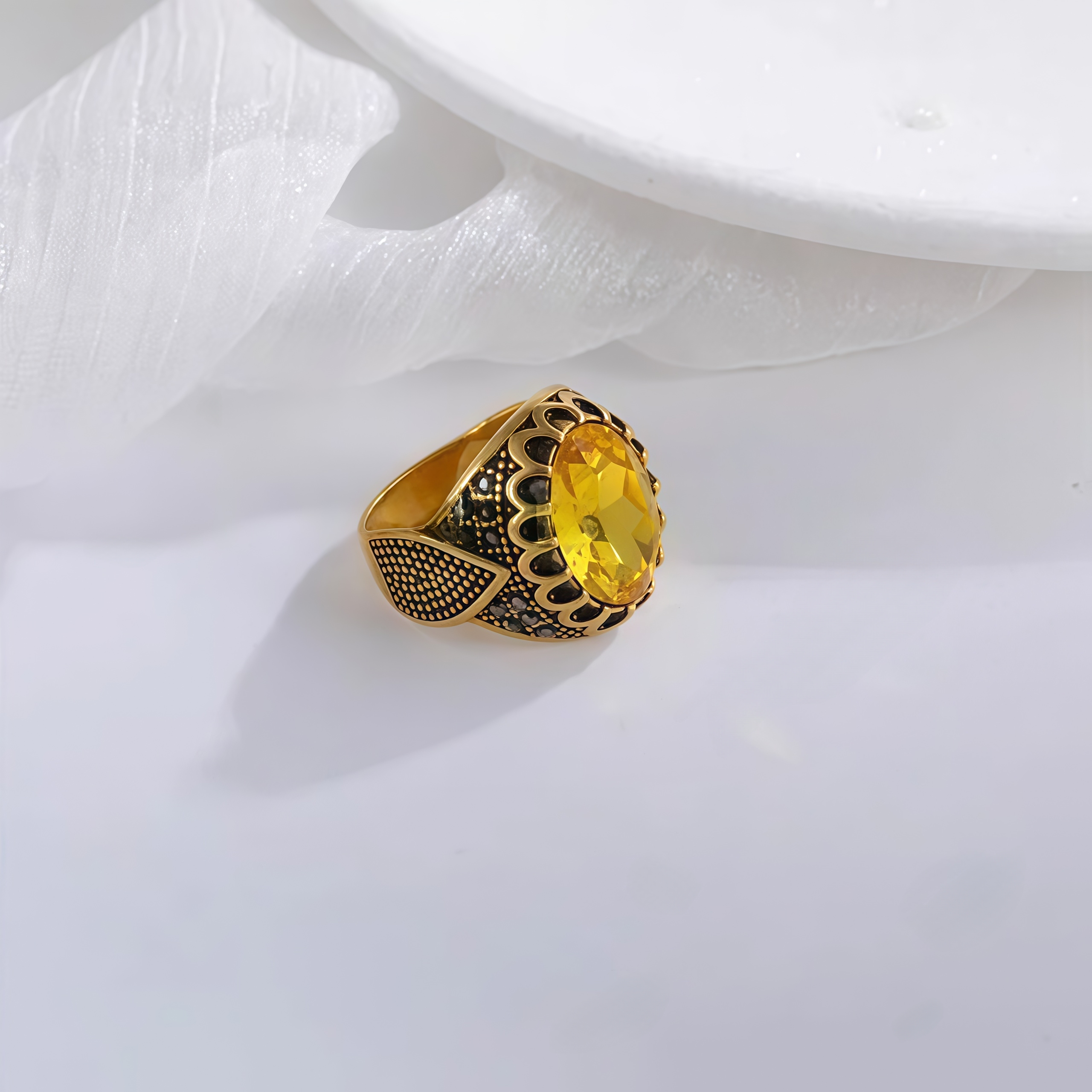 Vintage Stainless Steel Yellow Gemstone Ring with Hollow Carving Details for Men | K002762-JinBaoJewerly