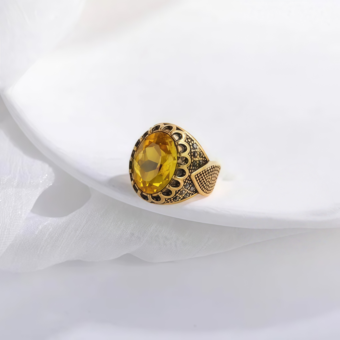 Vintage Stainless Steel Yellow Gemstone Ring with Hollow Carving Details for Men | K002762-JinBaoJewerly