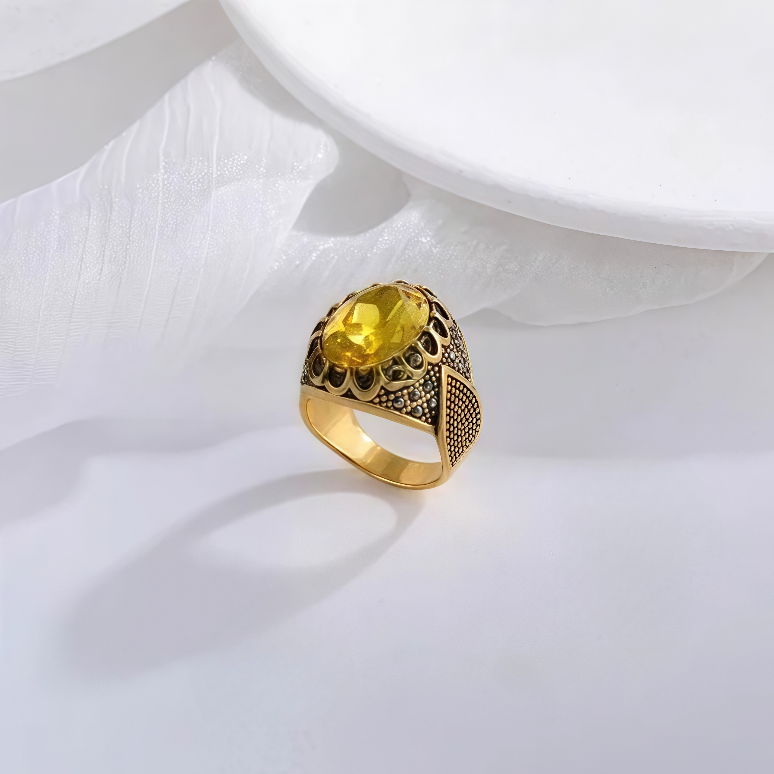 Vintage Stainless Steel Yellow Gemstone Ring with Hollow Carving Details for Men | K002762-JinBaoJewerly