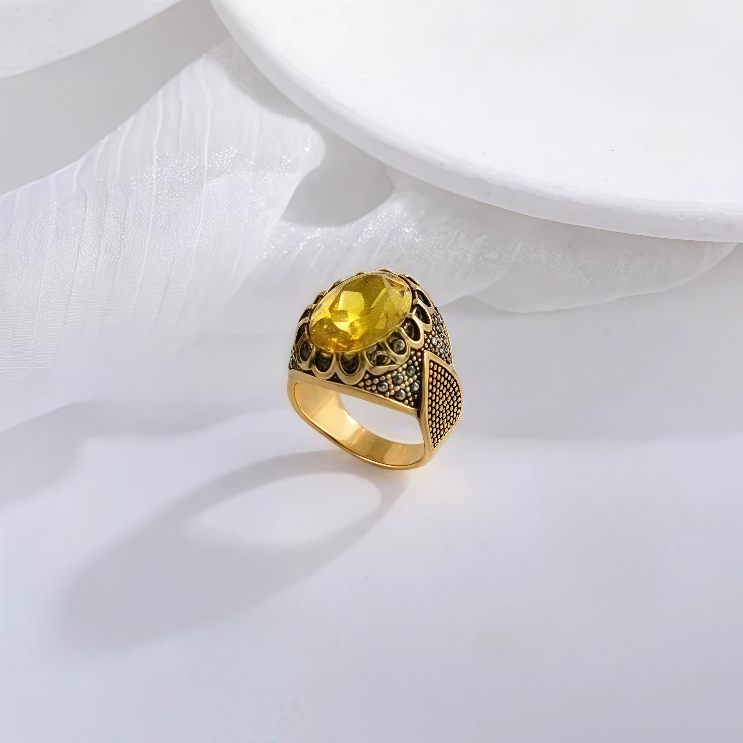 Vintage Stainless Steel Yellow Gemstone Ring with Hollow Carving Details for Men | K002762-JinBaoJewerly