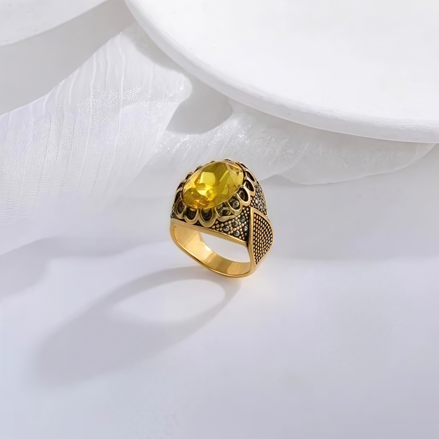 Vintage Stainless Steel Yellow Gemstone Ring with Hollow Carving Details for Men | K002762-JinBaoJewerly