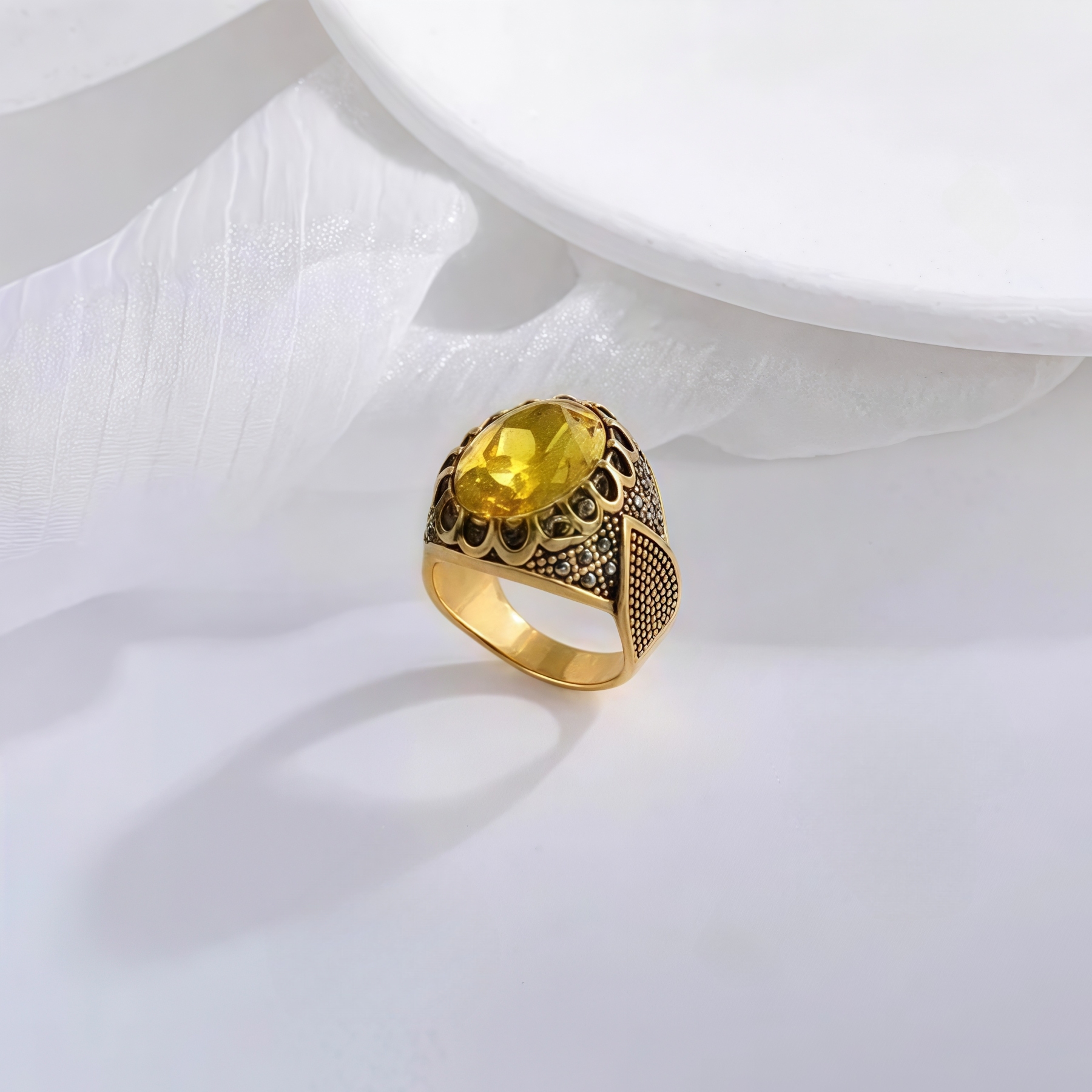 Vintage Stainless Steel Yellow Gemstone Ring with Hollow Carving Details for Men | K002762-JinBaoJewerly