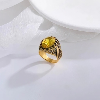 Vintage Stainless Steel Yellow Gemstone Ring with Hollow Carving Details for Men | K002762-JinBaoJewerly