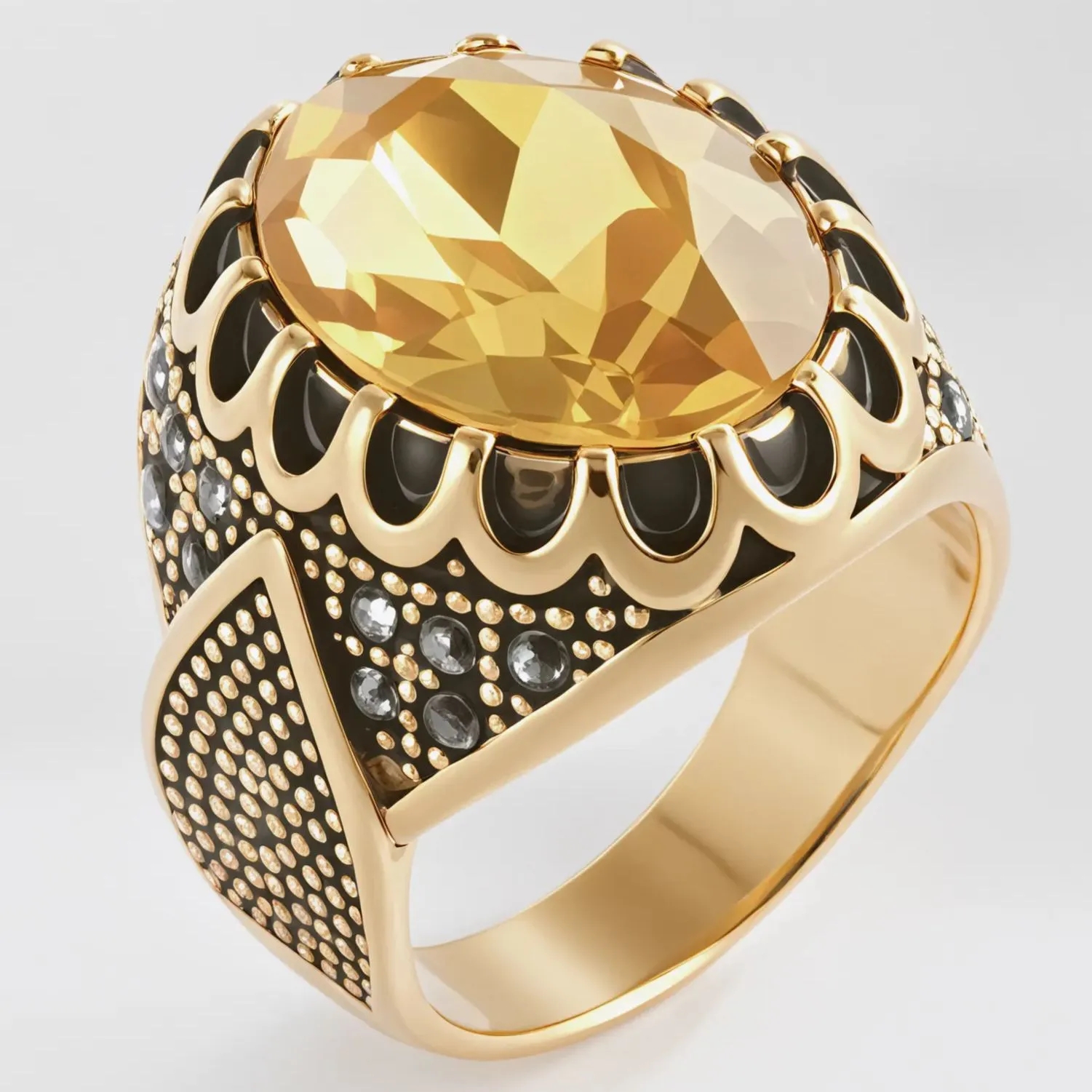 Vintage Stainless Steel Yellow Gemstone Ring with Hollow Carving Details for Men | K002762-JinBaoJewerly