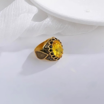 Vintage Stainless Steel Yellow Gemstone Ring with Hollow Carving Details for Men | K002762-JinBaoJewerly