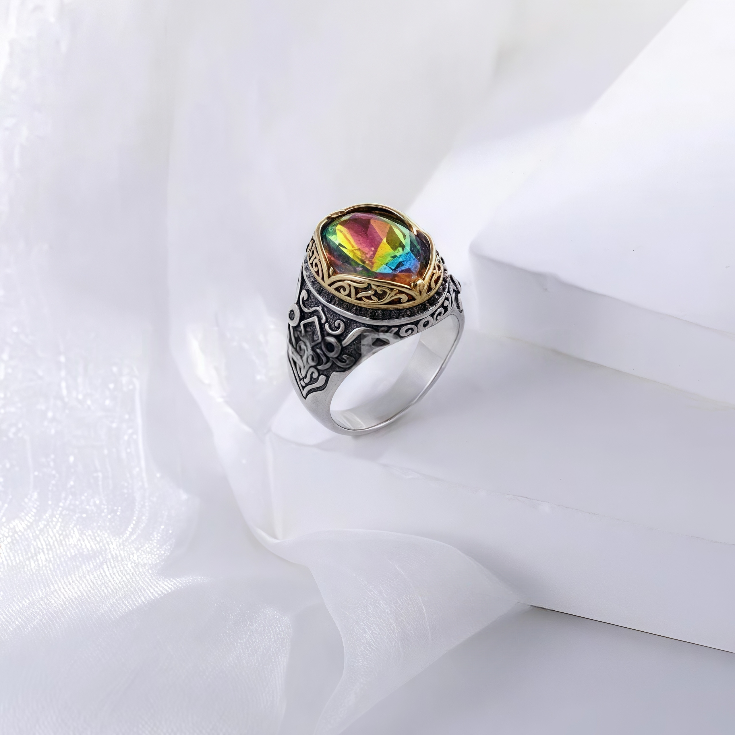 Vintage Stainless Steel Rainbow Gemstone Ring with Intricate Carving for Men | K002776-JinBaoJewerly