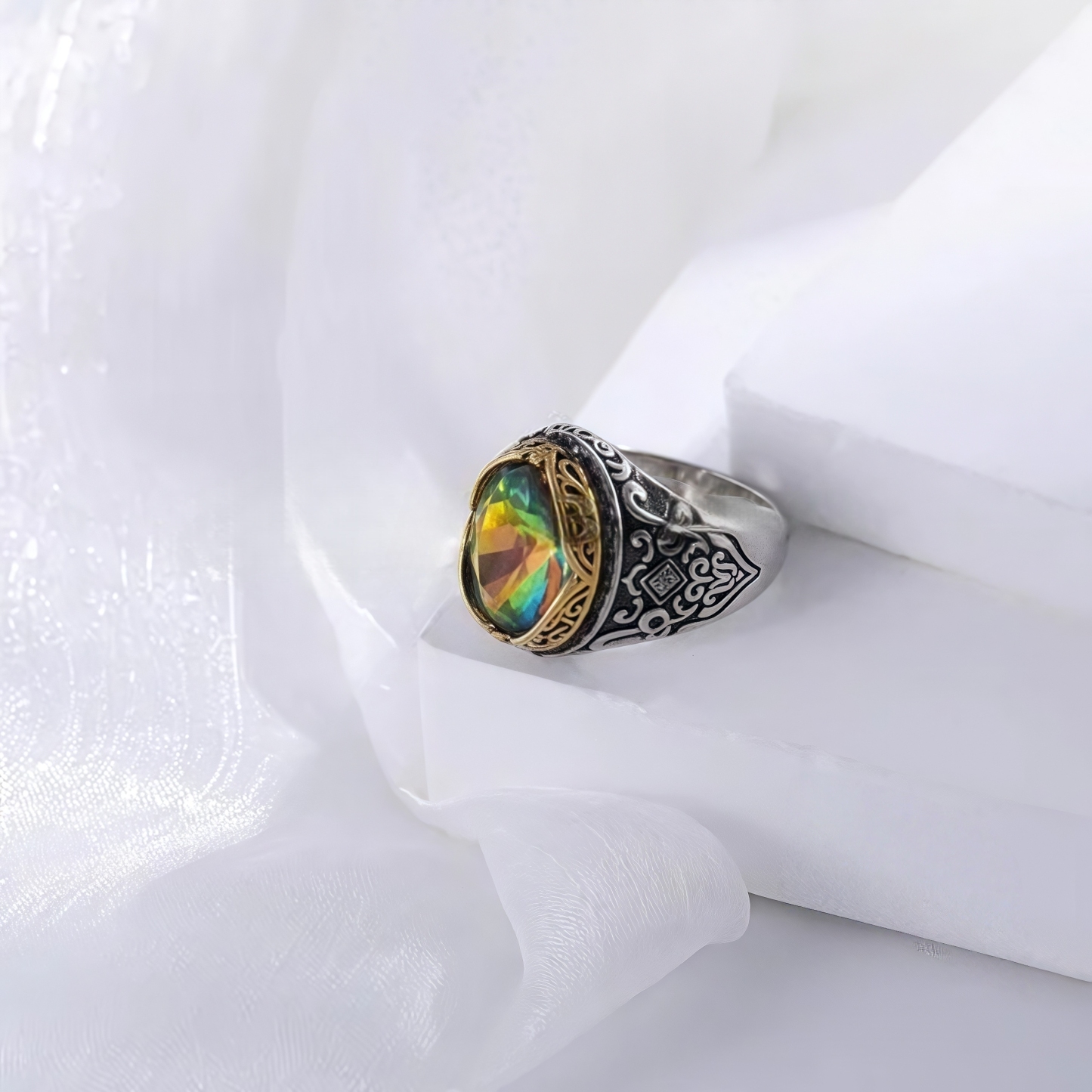 Vintage Stainless Steel Rainbow Gemstone Ring with Intricate Carving for Men | K002776-JinBaoJewerly