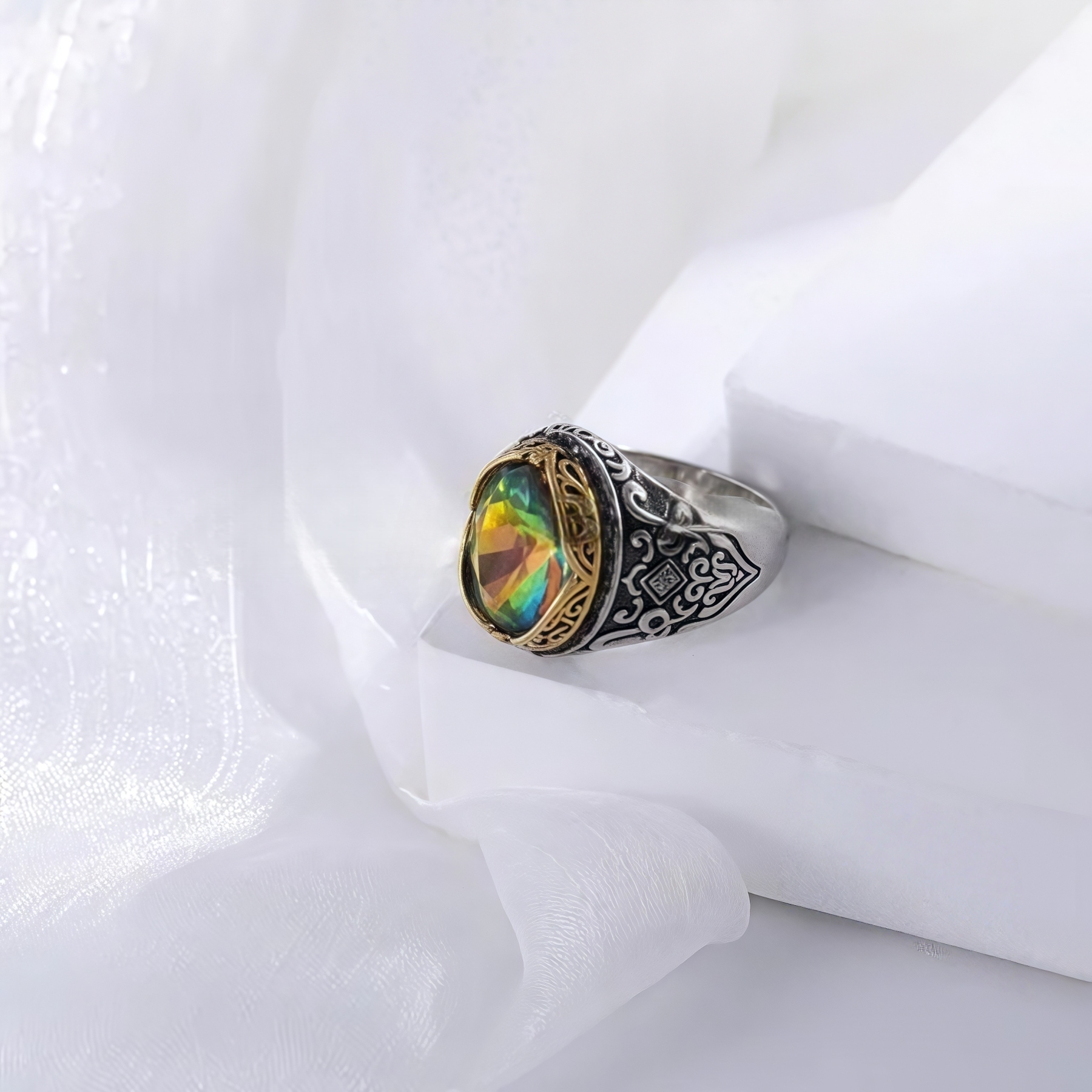 Vintage Stainless Steel Rainbow Gemstone Ring with Intricate Carving for Men | K002776-JinBaoJewerly