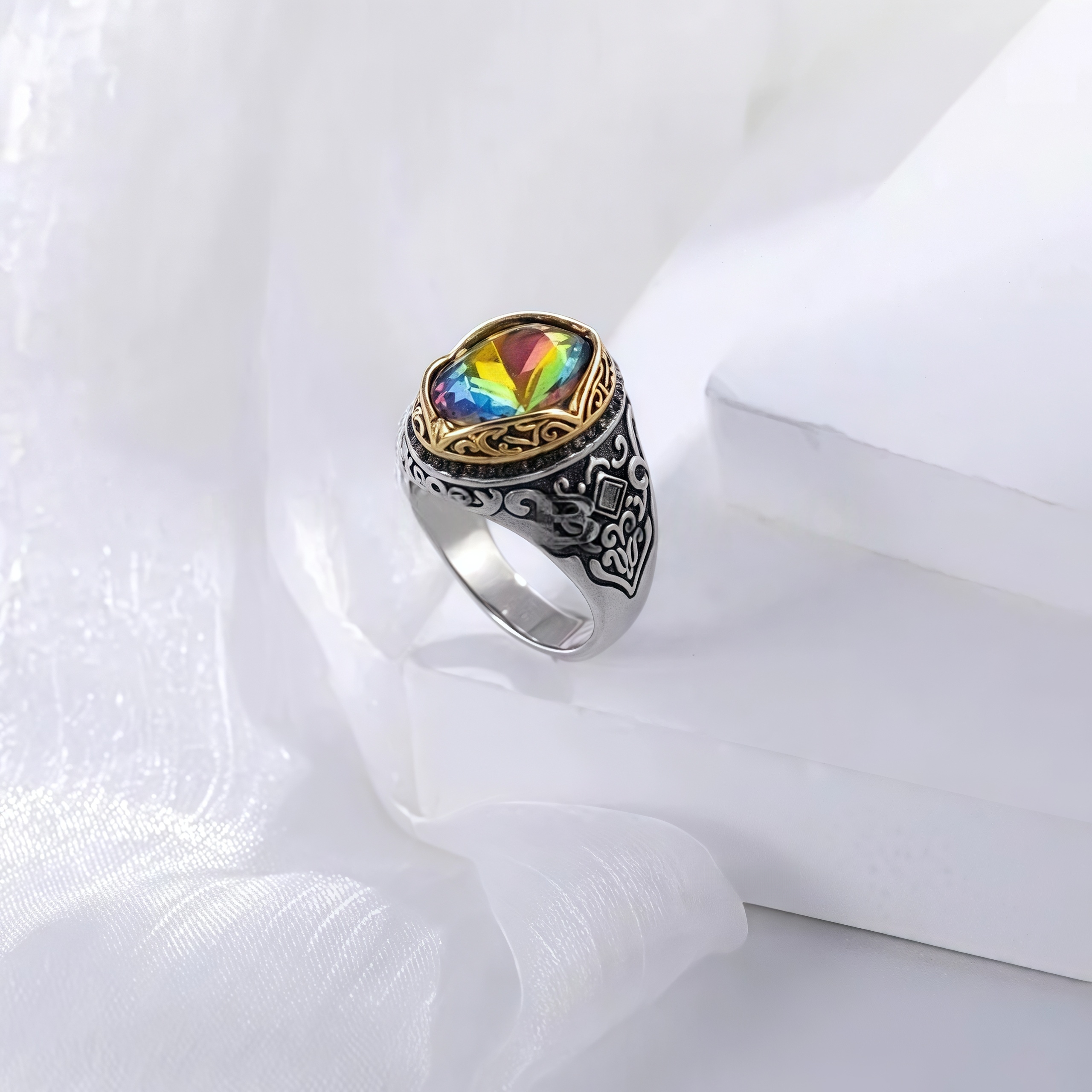 Vintage Stainless Steel Rainbow Gemstone Ring with Intricate Carving for Men | K002776-JinBaoJewerly