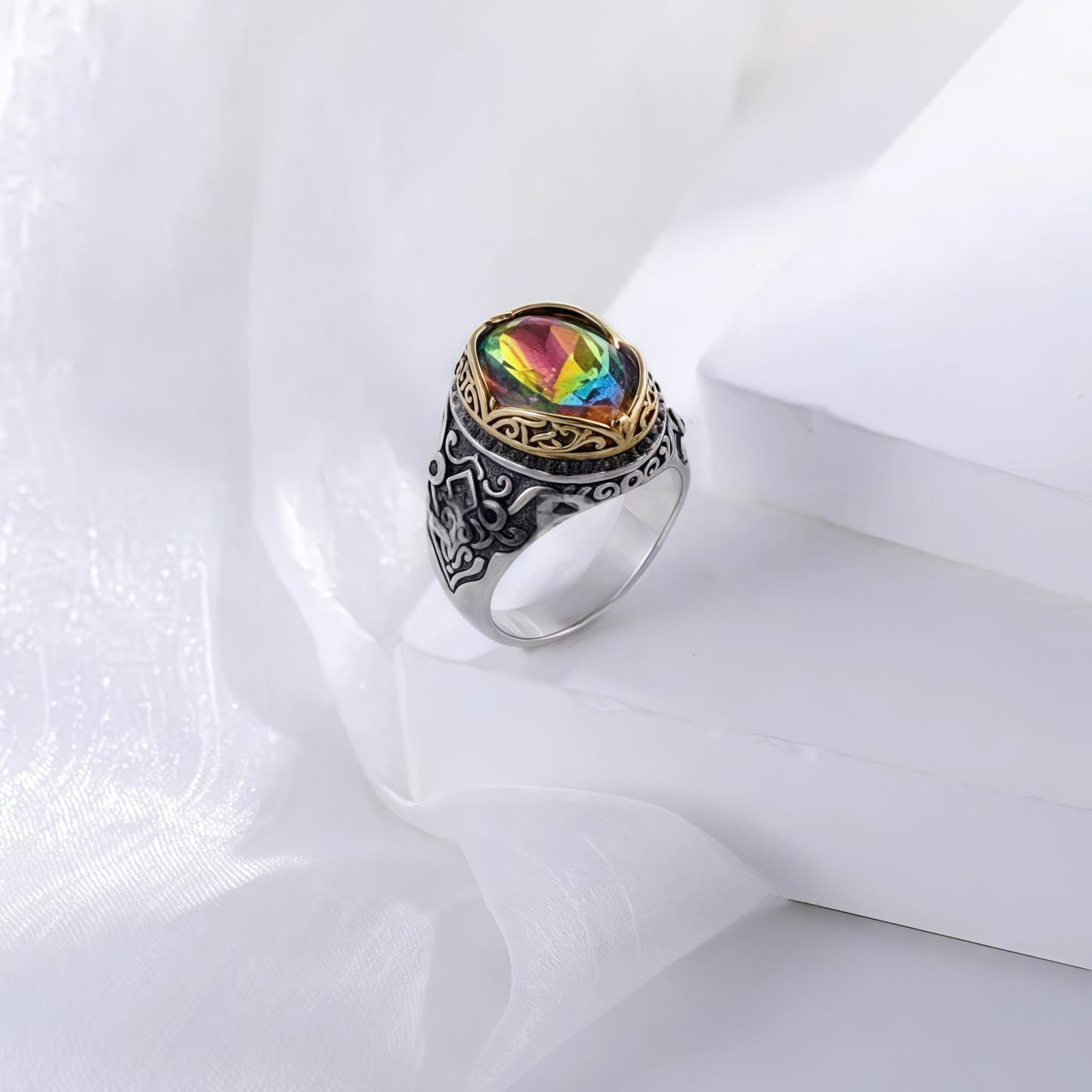 Vintage Stainless Steel Rainbow Gemstone Ring with Intricate Carving for Men | K002776-JinBaoJewerly
