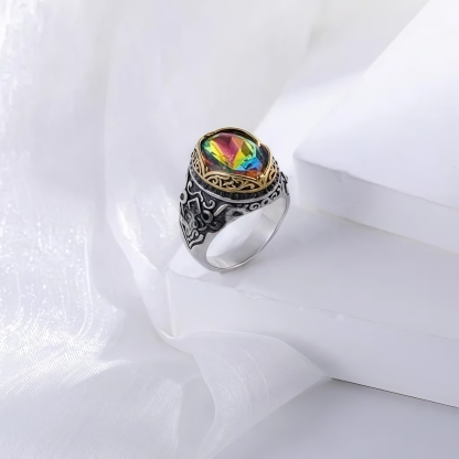 Vintage Stainless Steel Rainbow Gemstone Ring with Intricate Carving for Men | K002776-JinBaoJewerly