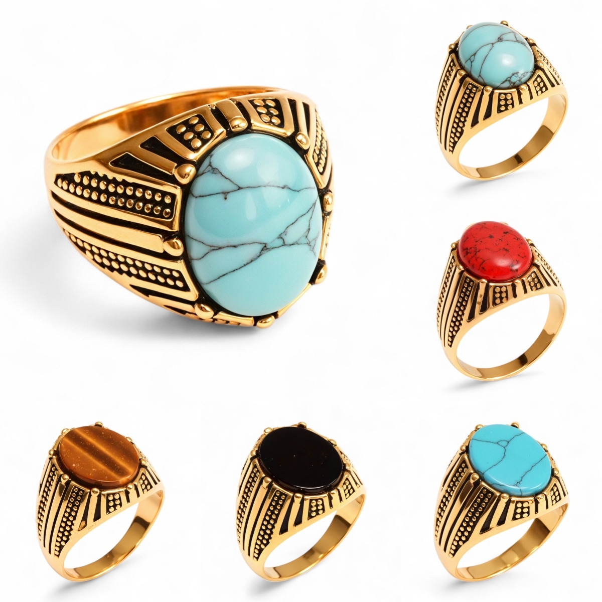 Vintage Style Assorted Stone Stainless Steel Men's Ring丨K00930J-JinBaoJewerly